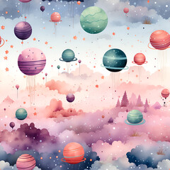 Dreamy galaxy patterns with stars, planets, and celestial elements in cute and pastel hues , Mystical Galaxy Digital Paper , Mystical Galaxy Seamless Pattern , generative AI illustration