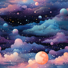 Dreamy galaxy patterns with stars, planets, and celestial elements in cute and pastel hues , Mystical Galaxy Digital Paper , Mystical Galaxy Seamless Pattern , generative AI illustration