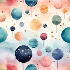 Dreamy galaxy patterns with stars, planets, and celestial elements in cute and pastel hues , Mystical Galaxy Digital Paper , Mystical Galaxy Seamless Pattern , generative AI illustration