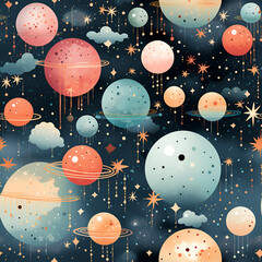 Dreamy galaxy patterns with stars, planets, and celestial elements in cute and pastel hues , Mystical Galaxy Digital Paper , Mystical Galaxy Seamless Pattern , generative AI illustration