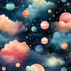 Dreamy galaxy patterns with stars, planets, and celestial elements in cute and pastel hues , Mystical Galaxy Digital Paper , Mystical Galaxy Seamless Pattern , generative AI illustration