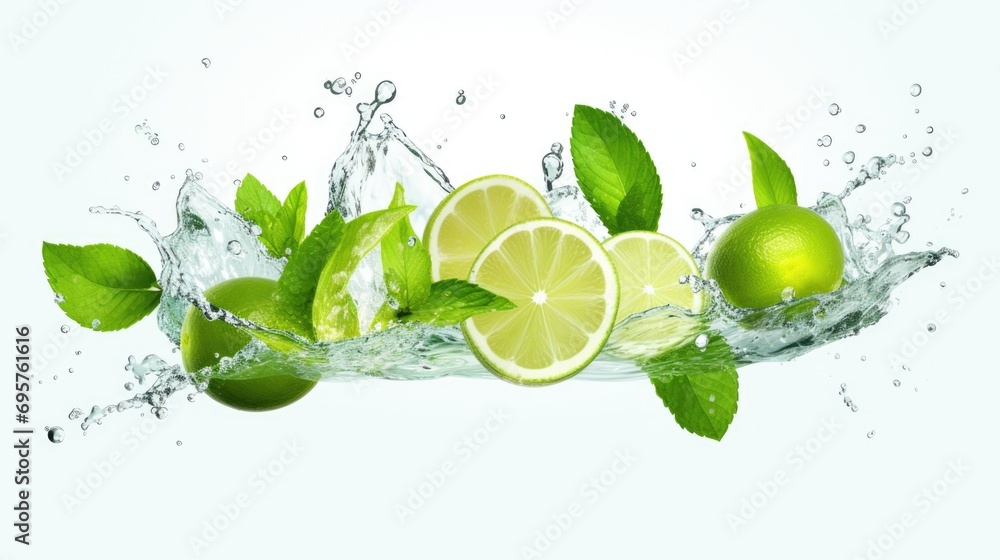 Poster Fresh limes with leaves being splashed with water. Suitable for refreshing beverage advertisements or healthy lifestyle concepts