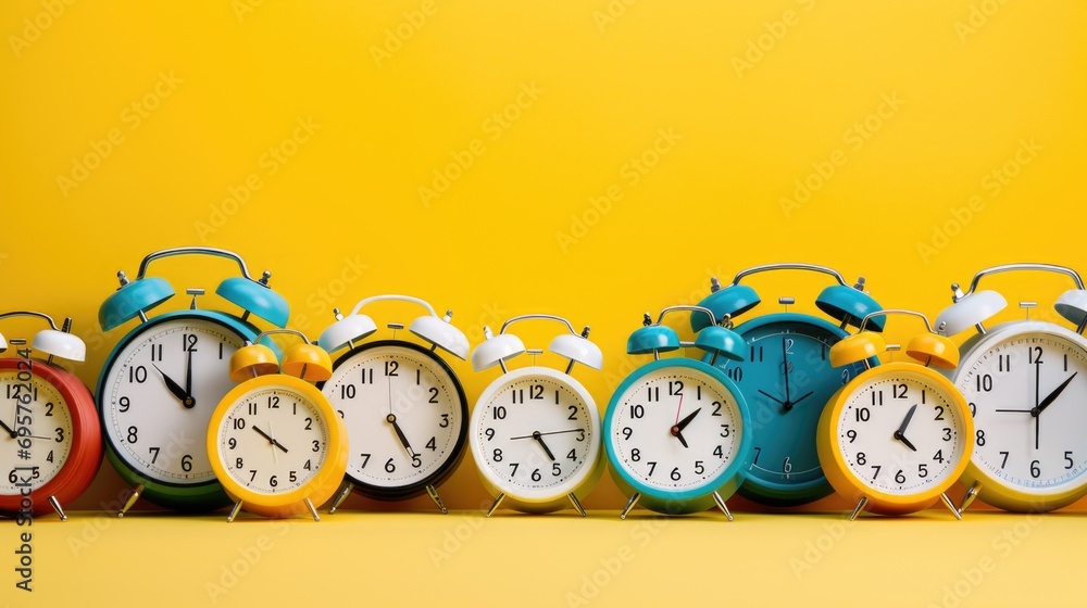 Poster A row of colorful alarm clocks on a vibrant yellow background. Perfect for time management concepts and morning routine illustrations