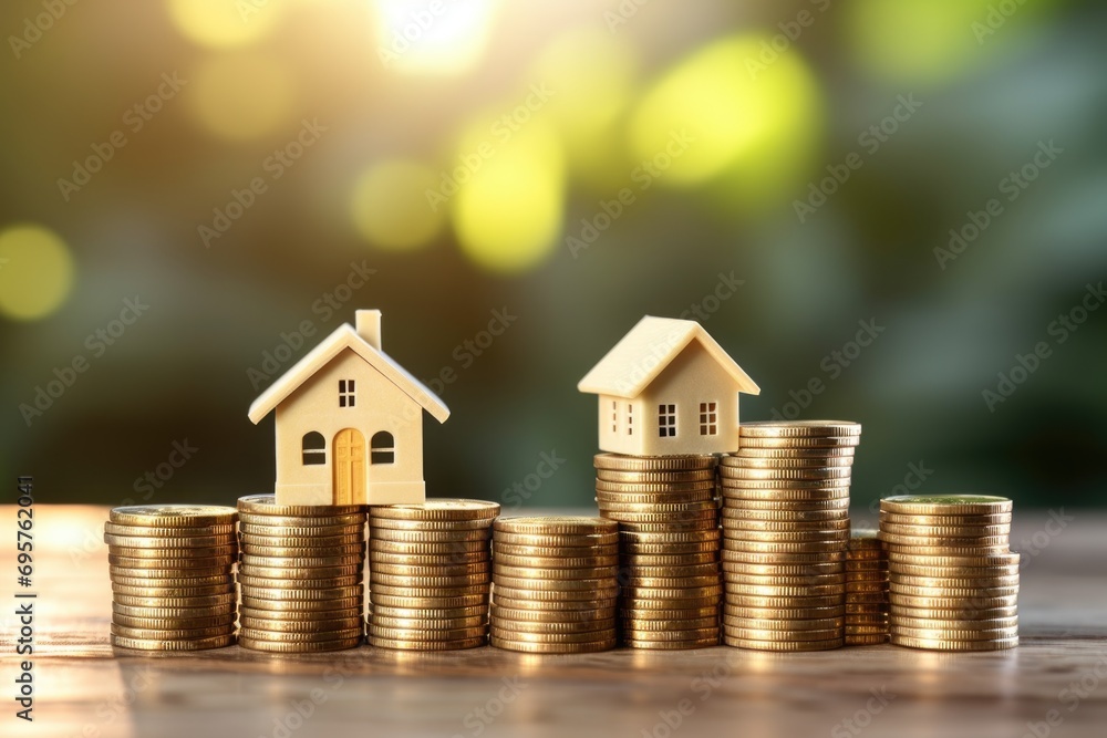 Poster a stack of coins with a model house on top. perfect for illustrating financial concepts and investme