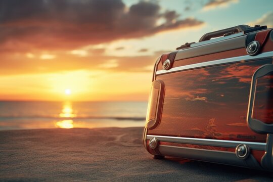 A red suitcase sitting on top of a sandy beach. This image can be used to represent travel, vacation, or a beach getaway