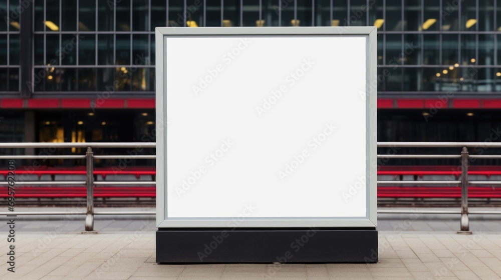 Aufkleber A blank billboard is positioned on a sidewalk in front of a building. This image can be used for advertising or showcasing messages.