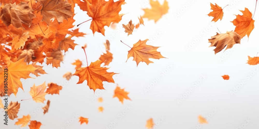 Poster A captivating image of a bunch of leaves gracefully floating in the air. This picture can be used to add a touch of nature and tranquility to various designs and projects