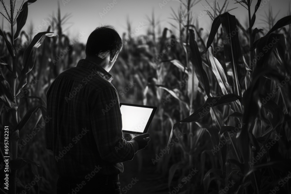 Poster A man standing in a corn field holding a tablet computer. This image can be used to depict technology in rural settings or farming advancements.