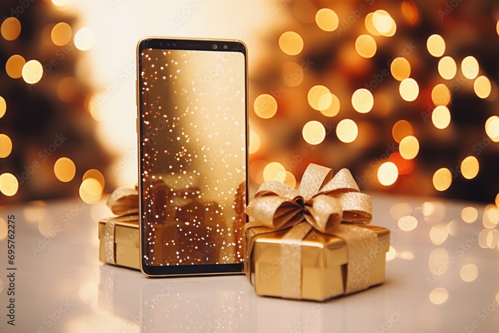 Poster a cell phone and a gift sitting on a table. perfect for illustrating technology and gifting concepts