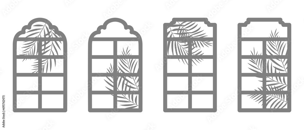 Poster gray silhouette of an islamic window with palm leaves. window frame in flat minimal style. isolated 