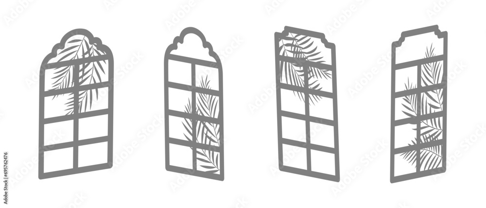 Poster different silhouette shapes of a window frame with palm leaves. isolated islamic shape window shadow