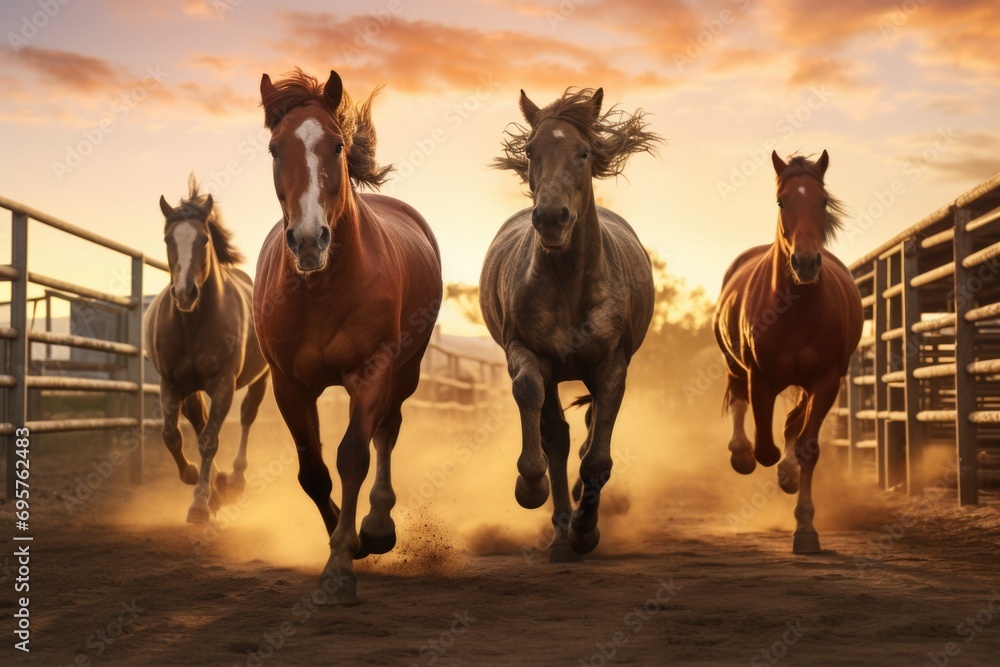 Poster A dynamic image capturing a group of horses running freely in a fenced area. Perfect for showcasing the beauty and power of these majestic animals.