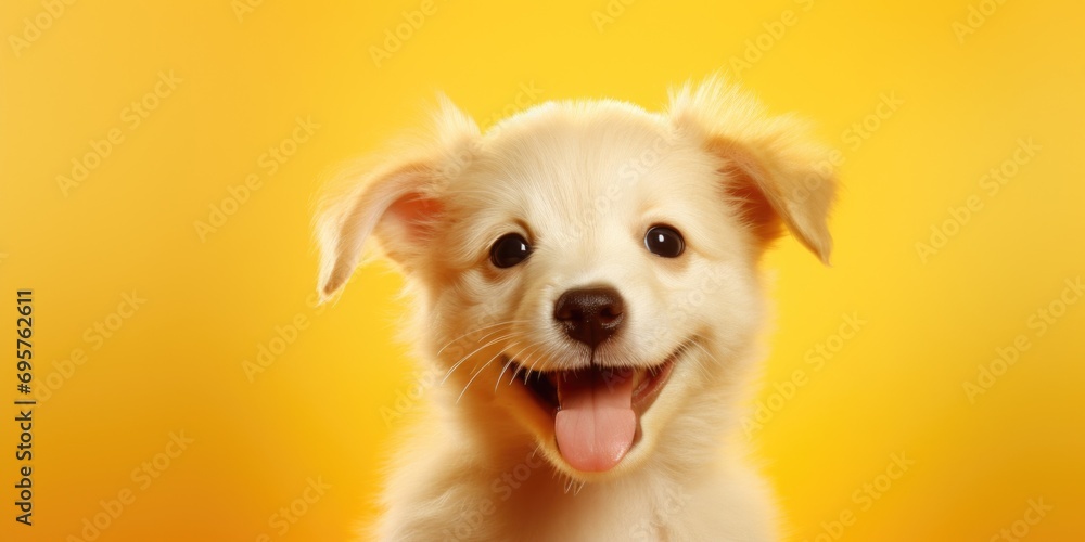 Poster a delightful image of a small white dog with a big smile on a vibrant yellow background. perfect for
