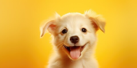 A delightful image of a small white dog with a big smile on a vibrant yellow background. Perfect for adding a touch of happiness and positivity to any project