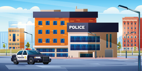Police station building with patrol car on cityscape background. Police department office and city landscape vector illustration © YG Studio