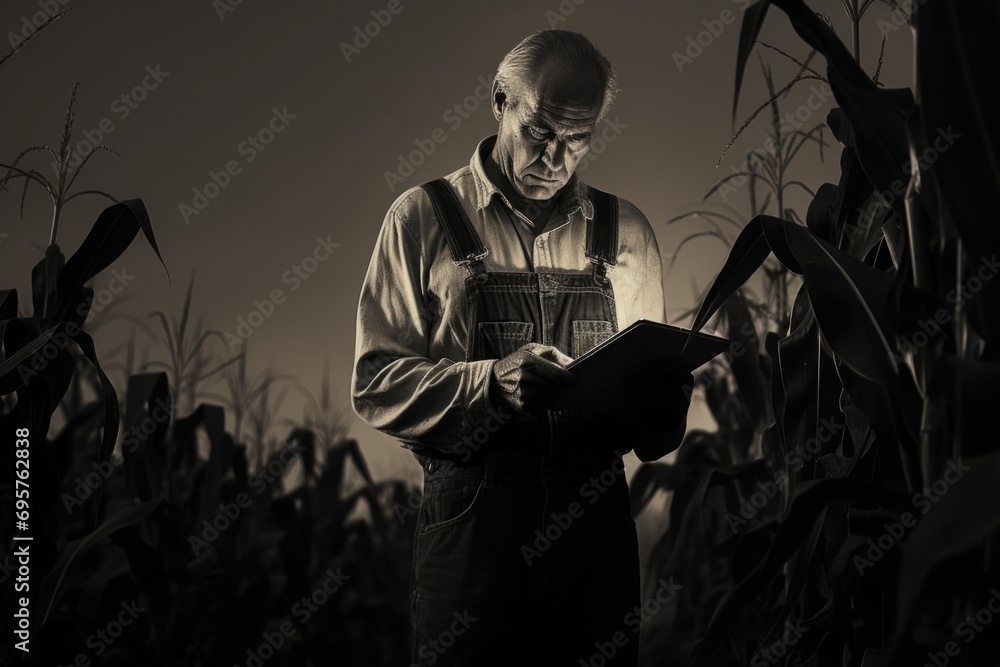 Aufkleber a man stands in a vibrant corn field, holding a book. this image can be used to portray concepts of 