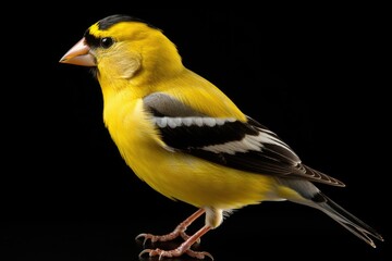 A yellow and black bird standing on a black surface. Suitable for nature-themed designs and wildlife articles - Powered by Adobe