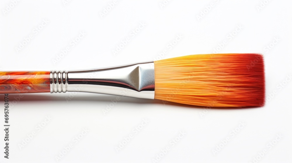 Poster A detailed view of a paint brush resting on a clean white surface. Ideal for artistic projects and creative concepts