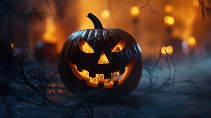 A Halloween pumpkin sitting on top of a table. Perfect for Halloween decorations or themed events