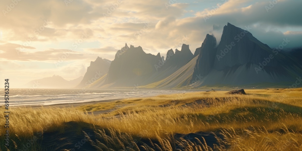 Poster a scenic view of a grassy field with a majestic mountain in the background. perfect for nature lover