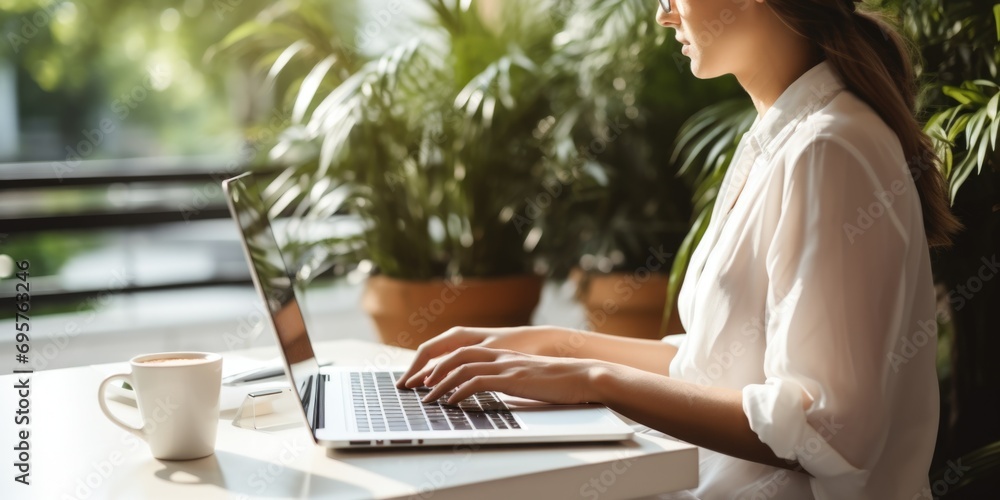 Poster a woman sitting at a table using a laptop computer. suitable for business, technology, and remote wo