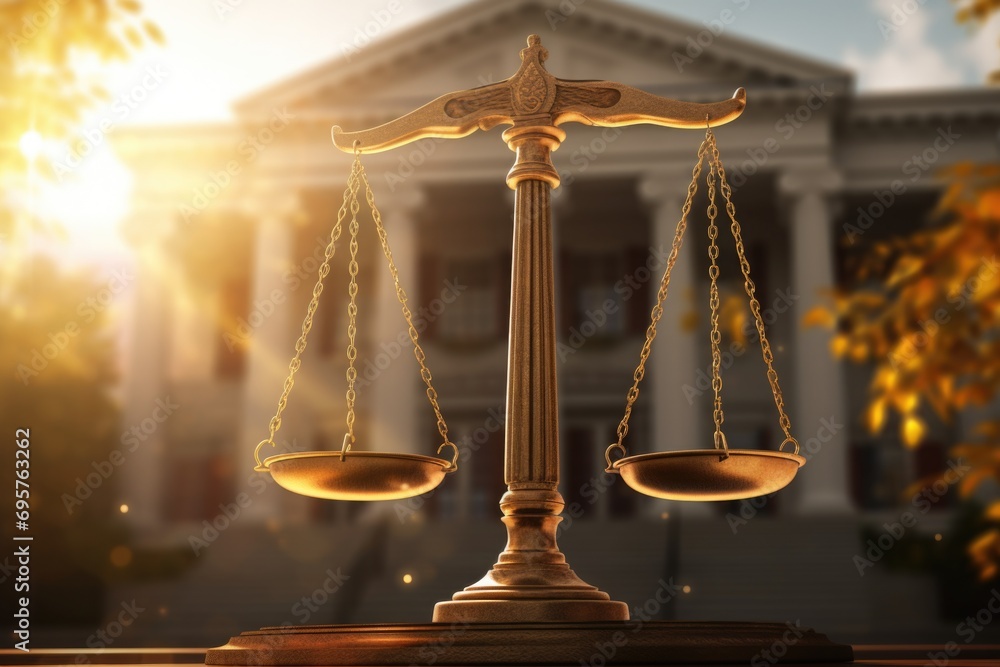 Poster a statue of a justice scale with a building in the background. suitable for legal and justice-relate