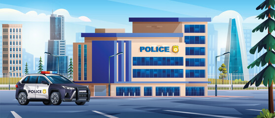 Police station building with patrol car and city landscape. Police department office. Cityscape background vector cartoon illustration © YG Studio