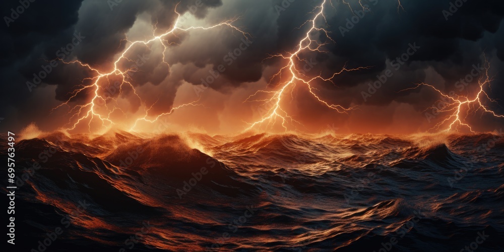 Aufkleber a powerful image of a stormy ocean with lightning in the sky. perfect for illustrating the intensity
