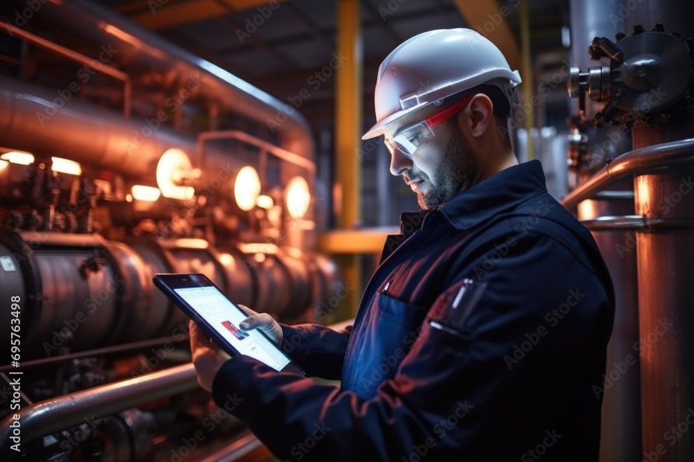 Aufkleber A man wearing a hard hat is seen using a tablet. This image can be used to showcase technology in the construction industry or to illustrate the use of digital tools in various work environments