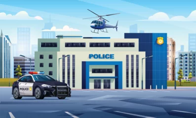 Gordijnen Police station building with patrol car and helicopter on cityscape background. Police department office. City landscape vector cartoon illustration © YG Studio