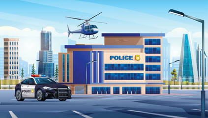 Police station building with patrol car and helicopter in city landscape. Police department office on cityscape background vector cartoon illustration - obrazy, fototapety, plakaty