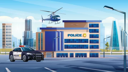 Papier Peint photo Voitures de dessin animé Police station building with patrol car and helicopter in city landscape. Police department office on cityscape background vector cartoon illustration