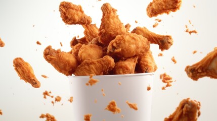 A bucket full of fried chicken sitting on top of a table. Perfect for food lovers and restaurant menus - obrazy, fototapety, plakaty