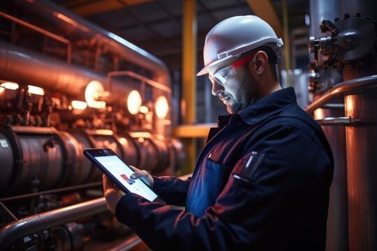 A man wearing a hard hat is seen using a tablet. This image can be used to showcase technology in the construction industry or to illustrate the use of digital tools in various work environments