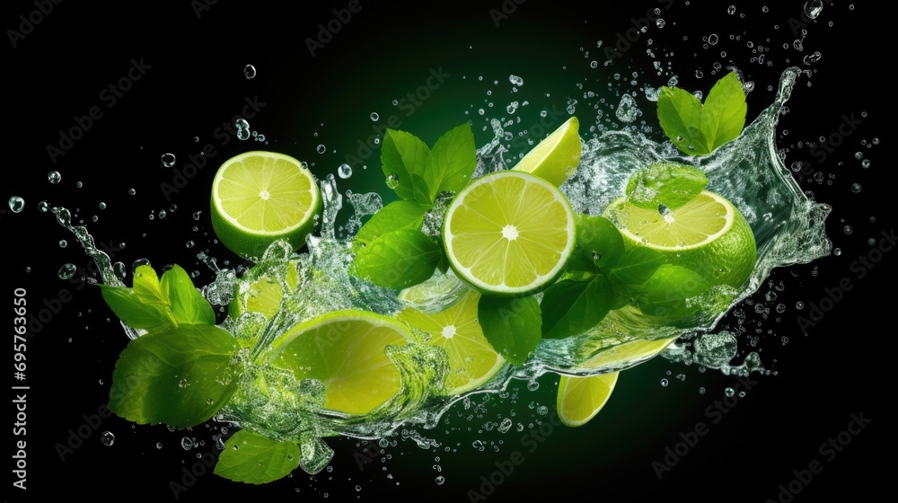 Poster fresh limes being thrown into water, creating a splash. perfect for refreshing summer concepts and v