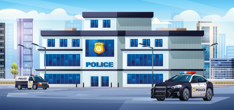 Police station building with patrol cars and city landscape. Police department office. Cityscape background cartoon illustration