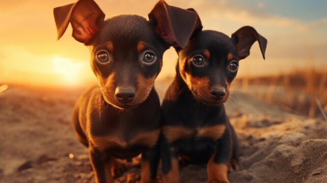 A picture of a couple of small dogs standing on top of a dirt field. Perfect for pet lovers and outdoor enthusiasts