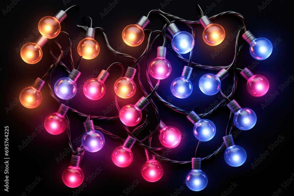 Poster A vibrant collection of colorful lights against a black backdrop. Perfect for adding a festive touch to any project or event