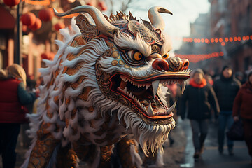 Generative AI - Celebration of Chinese New Year, traditional dragon figures on the street