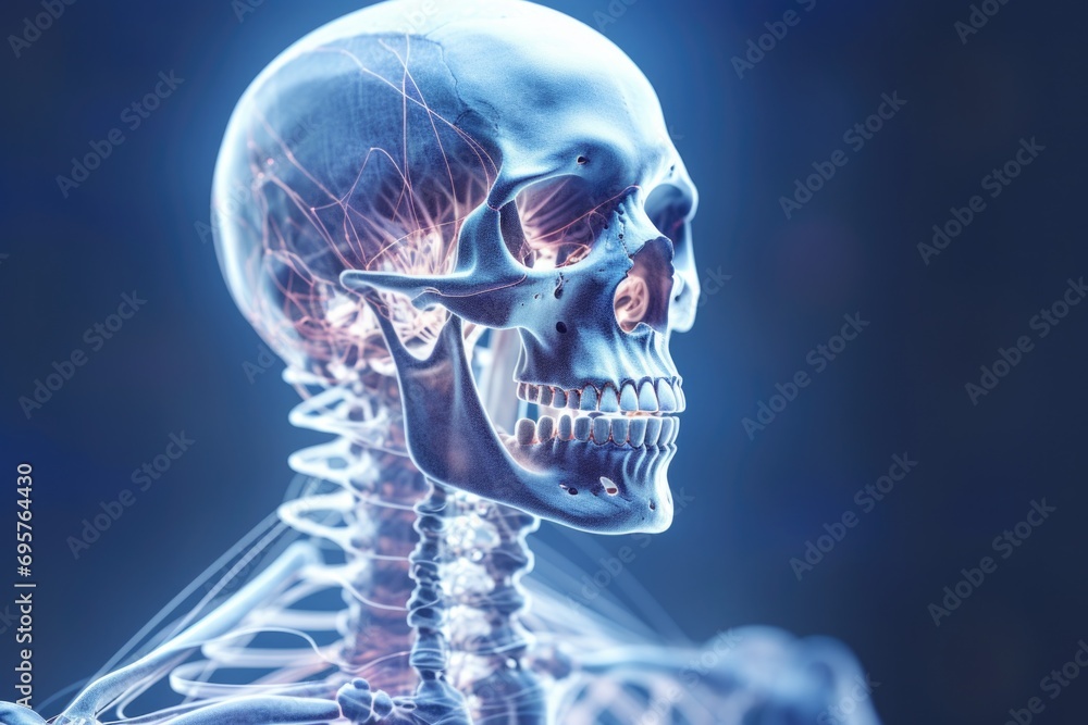 Poster A skeleton is illuminated by a blue light. This image can be used to create a spooky or mysterious atmosphere