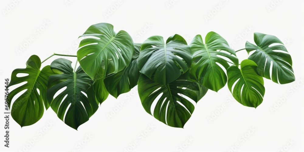 Poster group of green leaves hanging from a branch. suitable for nature and environmental themes