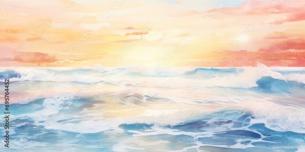 Poster a beautiful painting capturing the serene moment of a sunset over the ocean. perfect for adding a to