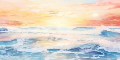 Obraz premium A beautiful painting capturing the serene moment of a sunset over the ocean. Perfect for adding a touch of tranquility and natural beauty to any space