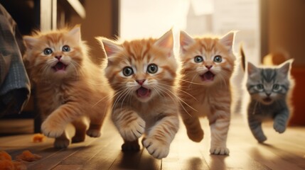 Playful kittens engaged in a lively game of chase, their fluffy tails and joyful antics showcasing the irresistible charm of feline companionship