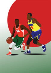 Basketball players. Hand drawn color 3d Vector illustration