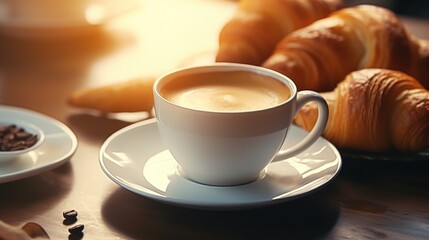 A cup of coffee and some croissants on a table. Perfect for cafe, breakfast, or food-related designs