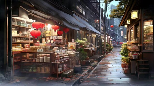 traditional market on the streets of Japan, loop video background animation, cartoon anime style, for vtuber / streamer backdrop