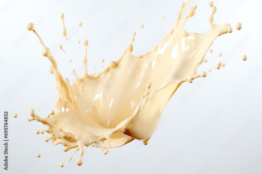 Poster a vibrant image showcasing a splash of milk on top of a ripe banana. perfect for food and beverage r