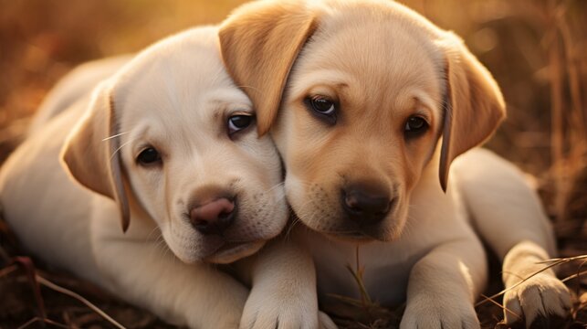 Two adorable Labrador puppy siblings cuddled together, their glossy coats and innocent expressions showcasing the heartwarming bond of furry brothers