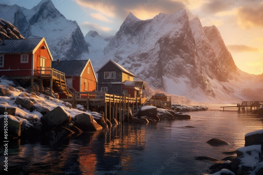 Poster a beautiful painting capturing the serene moment of a sunset over a mountain and a body of water. pe